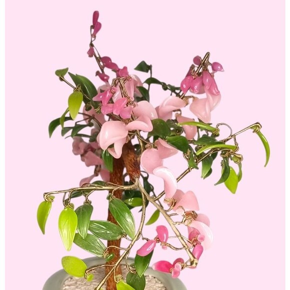 Vintage Bonsai Tree Glass Cherry Blossom Flowers Jade Leaves Celadon Pot Asian - Picture 6 of 7